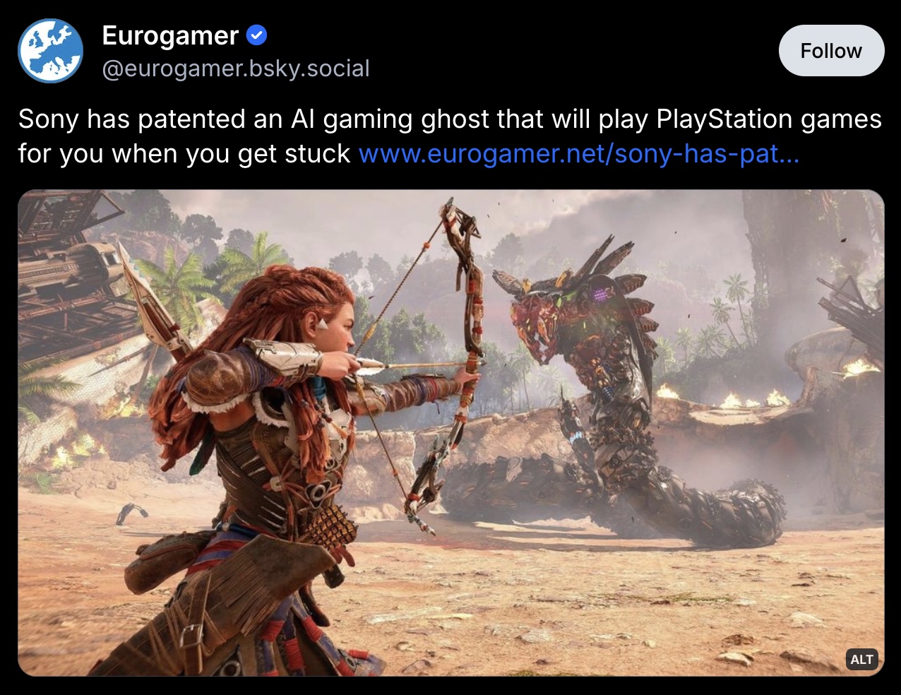 Screenshot of Eurogamer Bluesky post:
Sony has patented an AI gaming ghost that will play PlayStation games for you when you get stuck
https://www.eurogamer.net/sony-has-patented-an-ai-gaming-ghost-that-will-play-playstation-games-for-you-when-you-get-stuck
