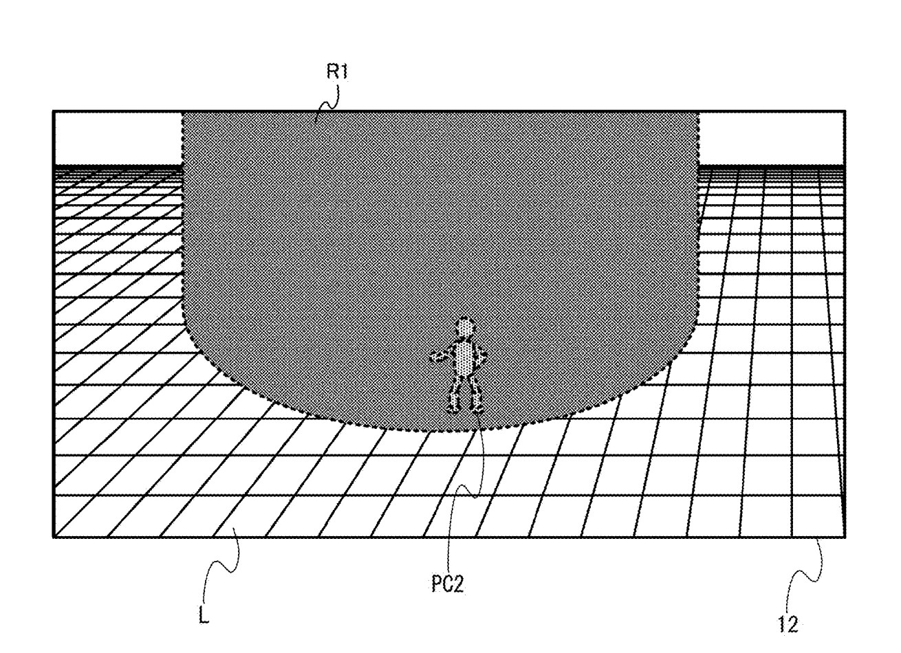 Drawing from patent US20260051112:
FIG. 21 is a diagram illustrating a non-limiting example of a game image in which a silhouette of a second player character PC2 arranged in a first region R1 is displayed