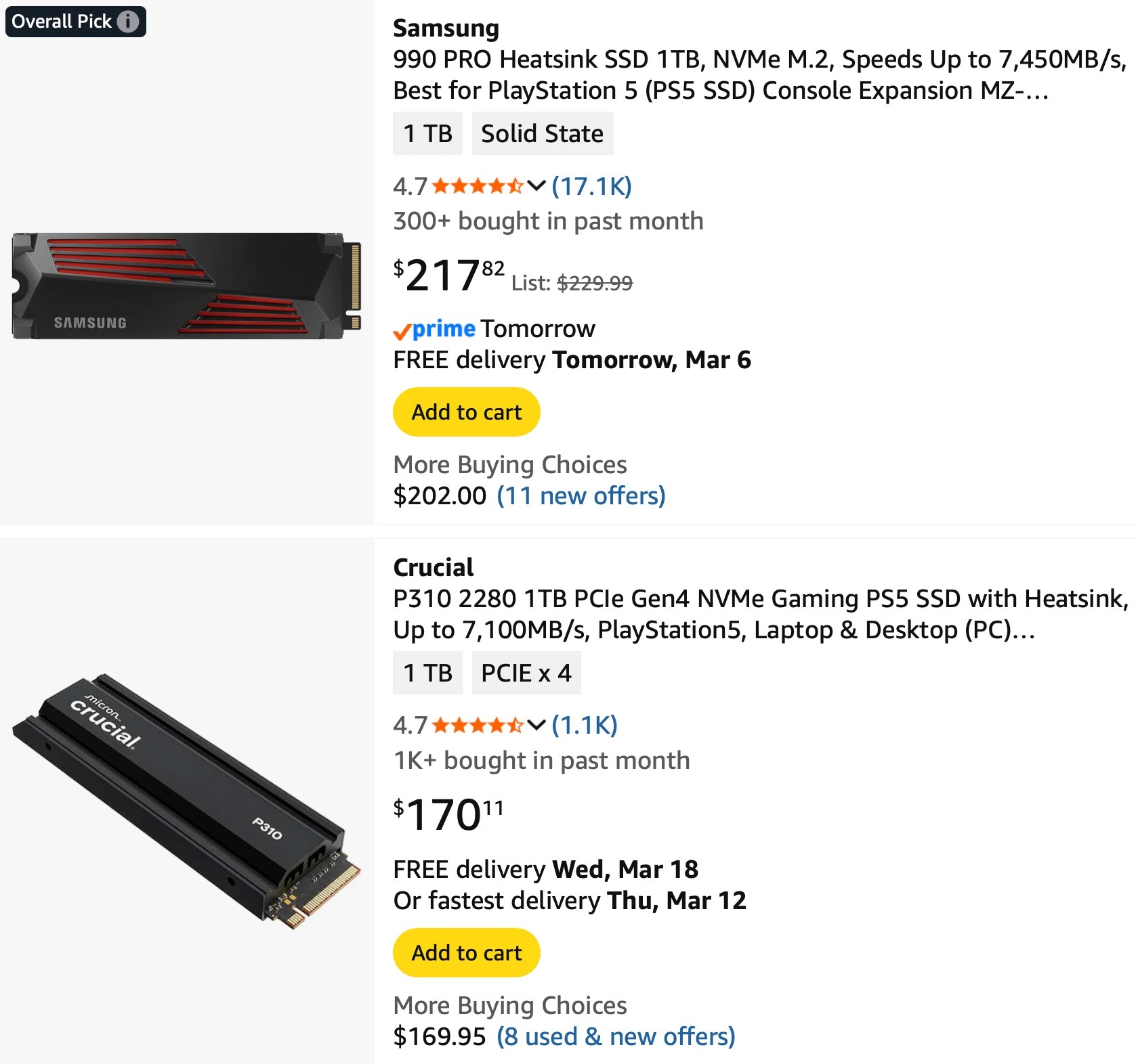 Screenshot of top 2 search results on Amazon US for “ps5 ssd with heatsink”
$217.82 and $170.11