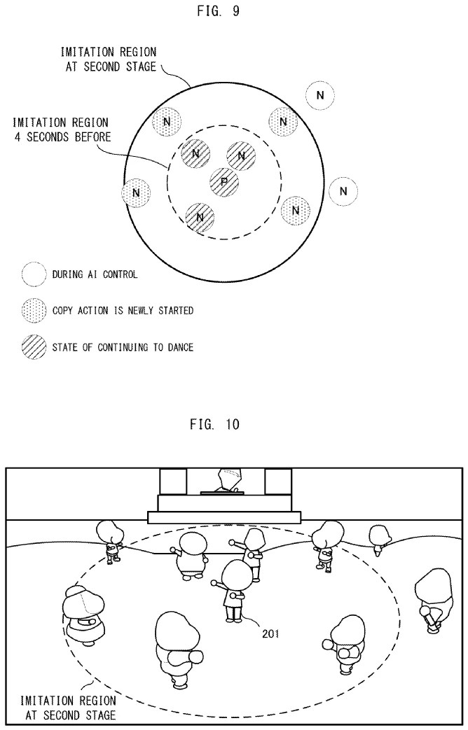 Drawings from Patent US 20230090134:
FIG. 9 is a schematic diagram showing a non-limiting example of the positional relationship between the PC 201, the NPCs, and the imitation region;
FIG. 10 illustrates a non-limiting example of the game screen according to the exemplary embodiment