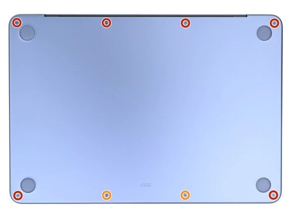 Photo of MacBook Neo bottom cover, showing 8 screws