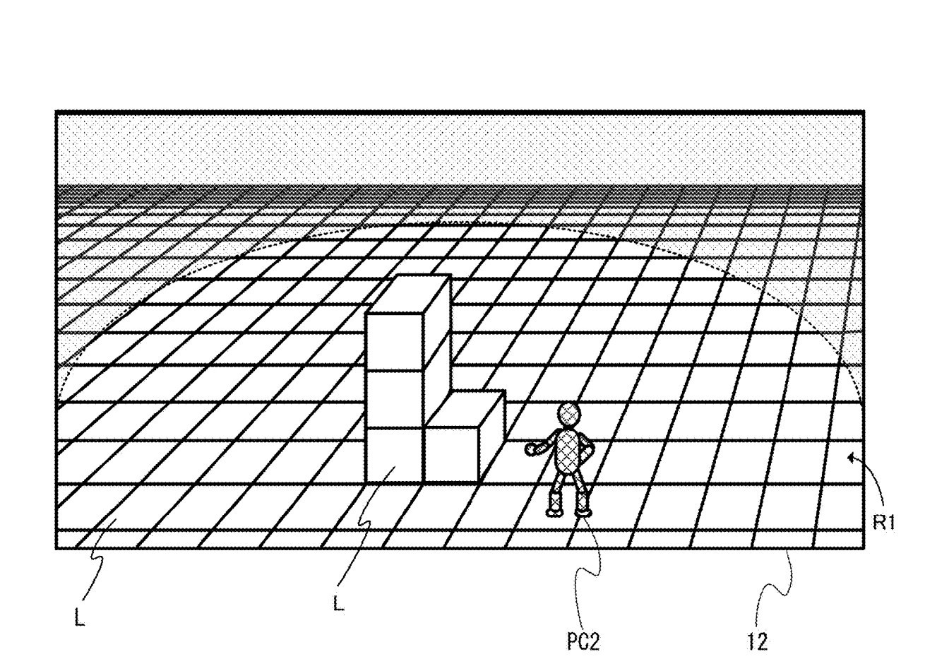 Drawing from patent US 20260051112:
FIG. 22 is a diagram illustrating a non-limiting example of a game image in which when a virtual camera is moved into a first region R1, the inside of the first region R1 is rendered so as to be seen