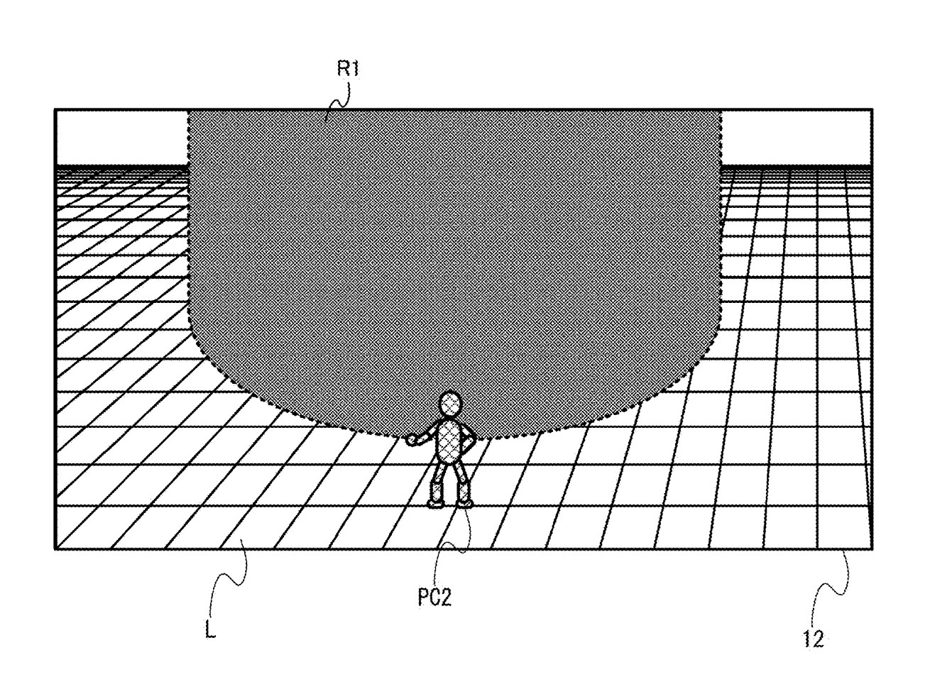 Drawing from patent US 20260051112:
FIG. 20 is a diagram illustrating a non-limiting example of a game image in which an array of terrain objects L is rendered and hidden in a first region R1