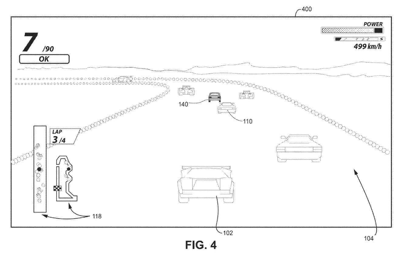 Drawing from patent US 20260007964:
FIG. 2 - 4 are successive wireframe views of the multiplayer video game shown in FIG. 1 that show a non-player car dynamically interacting with another car according to certain example embodiments
