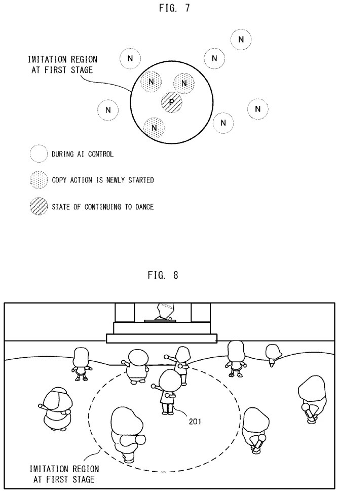 Drawings from Patent US20230090134:
IG. 7 is a schematic diagram showing a non-limiting example of the positional relationship between the PC 201, the NPCs, and the imitation region;
FIG. 8 illustrates a non-limiting example of the game screen according to the exemplary embodiment