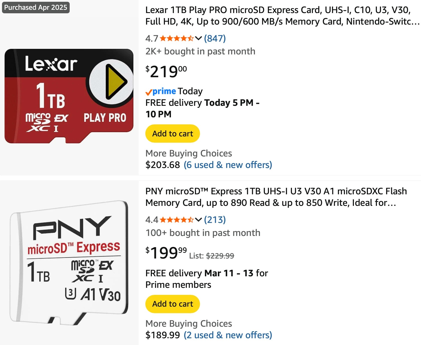 Screenshot of top 2 search results on Amazon US for “1tb microsd express”
$219 and $199.99