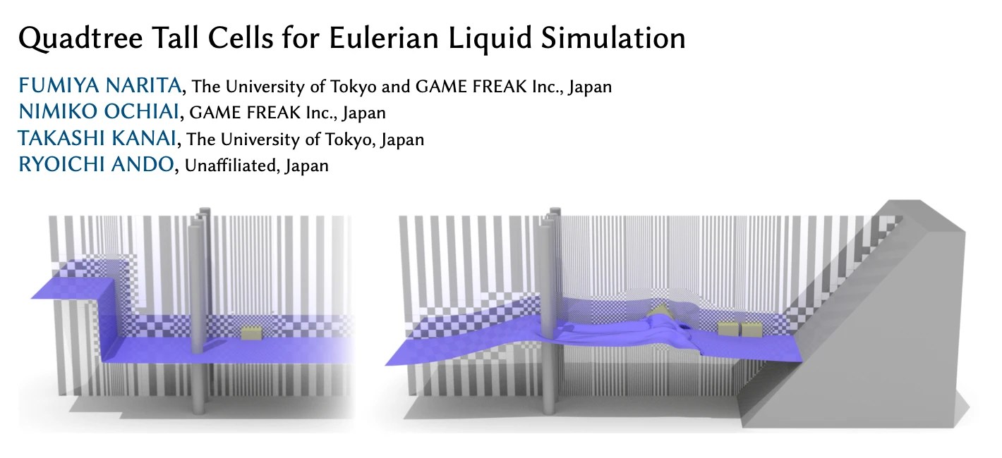 Screenshot of the paper’s masthead:
Quadtree Tall Cells for Eulerian Liquid Simulation
FUMIYA NARITA, The University of Tokyo and GAME FREAK Inc., Japan
NIMIKO OCHIAI, GAME FREAK Inc., Japan
TAKASHI KANAI, The University of Tokyo, Japan
RYOICHI ANDO, Unaffiliated, Japan