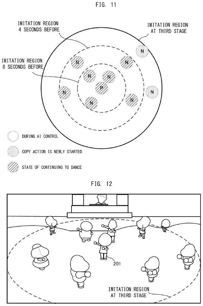 Drawings from Patent US 20230090134:
FIG. 11 is a schematic diagram showing a non-limiting example of the positional relationship between the PC 201, the NPCs, and the imitation region;
FIG. 12 illustrates a non-limiting example of the game screen according to the exemplary embodiment