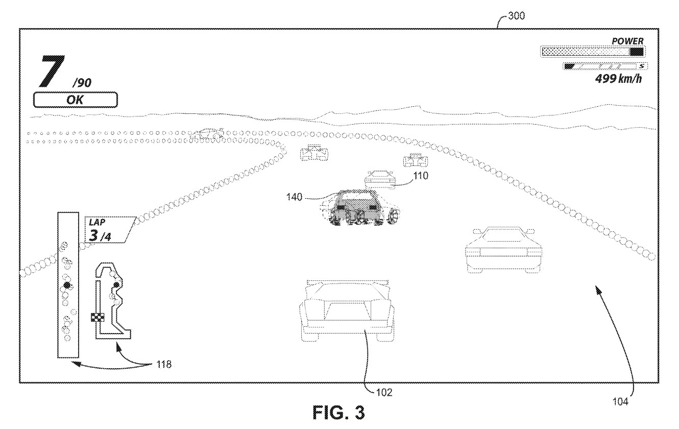 Drawing from patent US20260007964:
FIG. 2 - 4 are successive wireframe views of the multiplayer video game shown in FIG. 1 that show a non-player car dynamically interacting with another car according to certain example embodiments