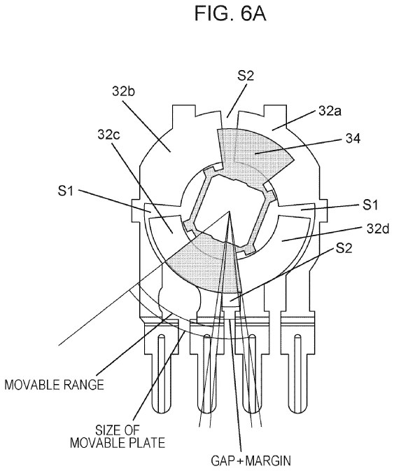 Drawing from patent US20260036442:
FIG. 6A is a schematic diagram of an example of the shape of the sensor electrode and the movable plate of the rotation detection device of the input device according to the present disclosure