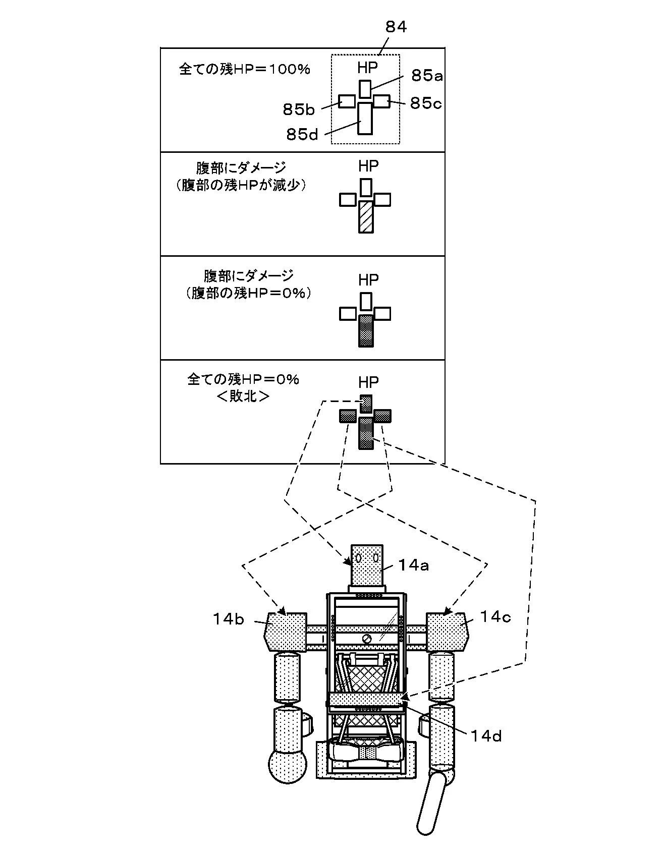 Drawing from patent JP 2025151712:
【図６】残ＨＰインジケータの表示例を示す図。
