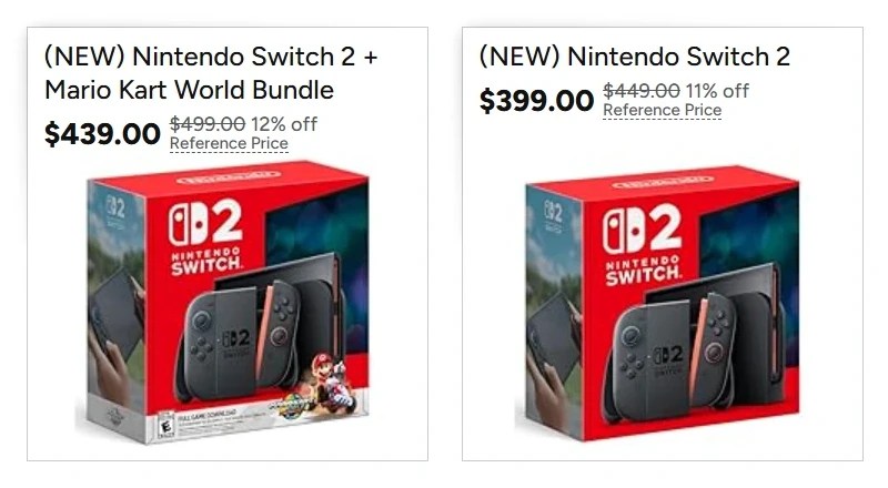 Screenshot of Woot’s Switch 2 promo:
(NEW) Nintendo Switch 2 + Mario Kart World Bundle, $439.00 (12% off)
(NEW) Nintendo Switch 2, $399.00 (11% off)