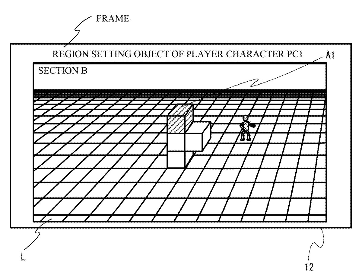 Drawing from patent US20260084049: FIG. 20 is a diagram showing a non-limiting example of a game image showing that a first user is spectating, as a viewer, a region setting object A1 in a section B