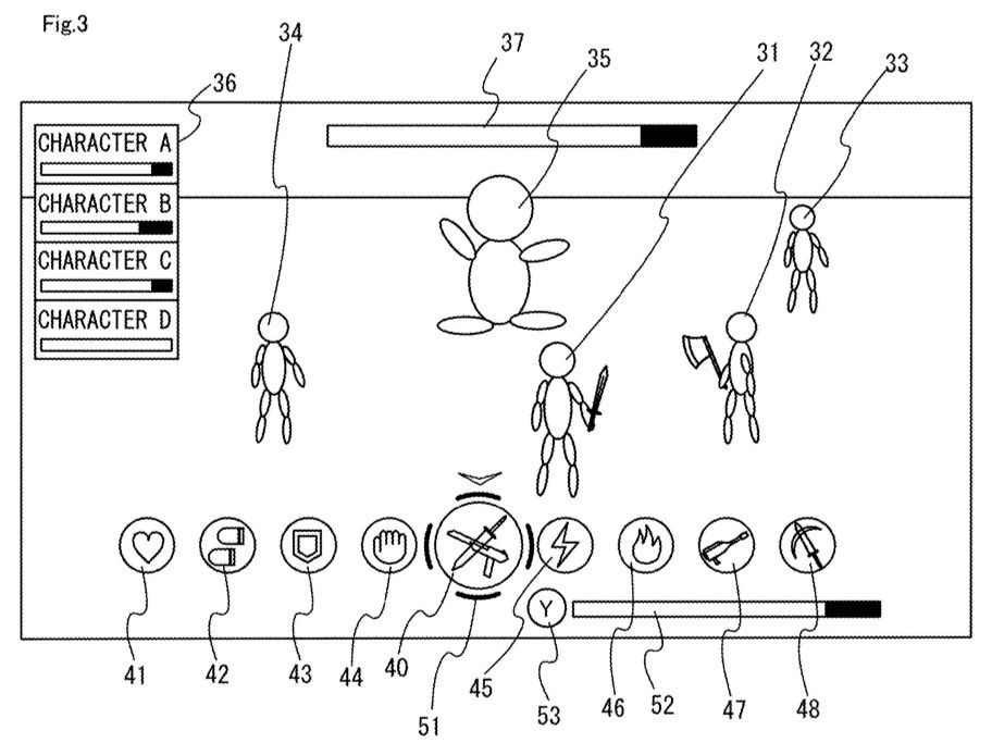Drawing from patent US20260084050: FIG. 3 is a diagram showing an example of a game image in a battle scene executed by the example non-limiting game system
