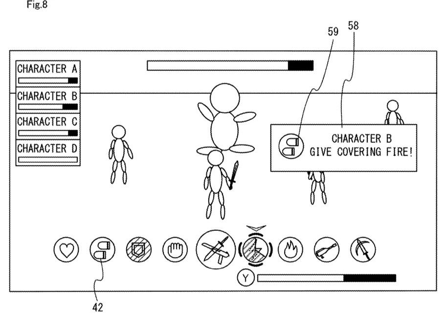 Drawing from patent US 20260084050: FIG. 8 is a diagram showing an example of a game image in the situation where a message from a company character is displayed