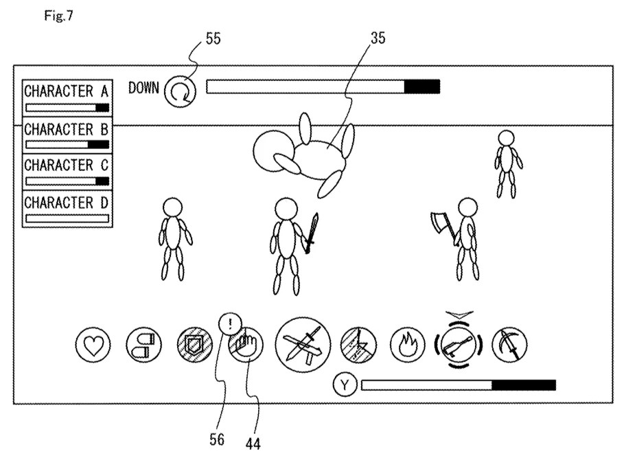 Drawing from patent US 20260084050: FIG. 7 is a diagram showing an example of a game image in the situation where an enemy character is down