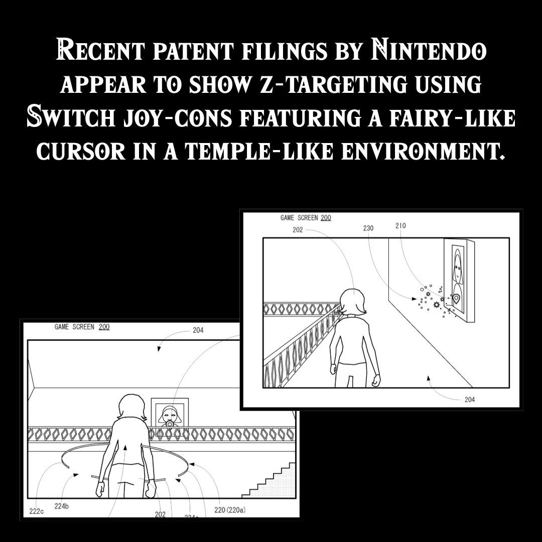 Two drawings copied from patent US 20240033635, and the following text shown in Zelda font: RECENT PATENT FILINGS BY NINTENDO APPEAR TO SHOW Z-TARGETING USING SWITCH JOY-CONS FEATURING A FAIRY-LIKE CURSOR IN A TEMPLE-LIKE ENVIRONMENT.