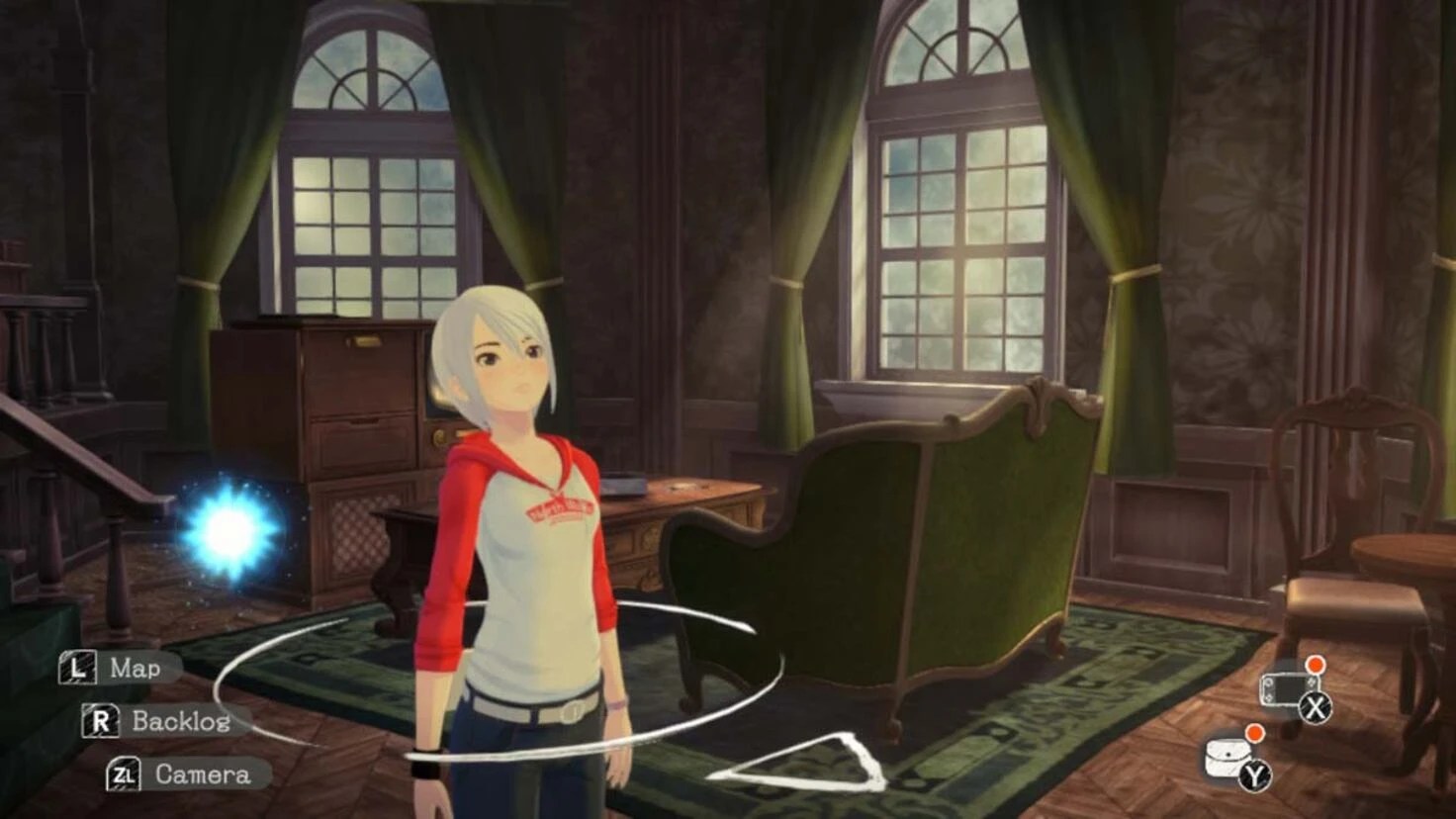 Another Code: Recollection screenshot, showing a navigation circle around the protagonist and a navigation arrow point forward
Image source: https://en.as.com/meristation/gaming_reviews/another-code-recollection-a-revamped-trip-down-memory-lane-n/