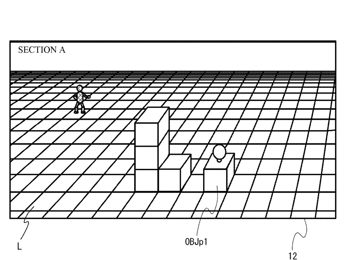 Drawing from patent US 20260084049:
FIG. 19 is a diagram showing a non-limiting example of a game image showing that a stay piece OBJp1 is disposed in a section A