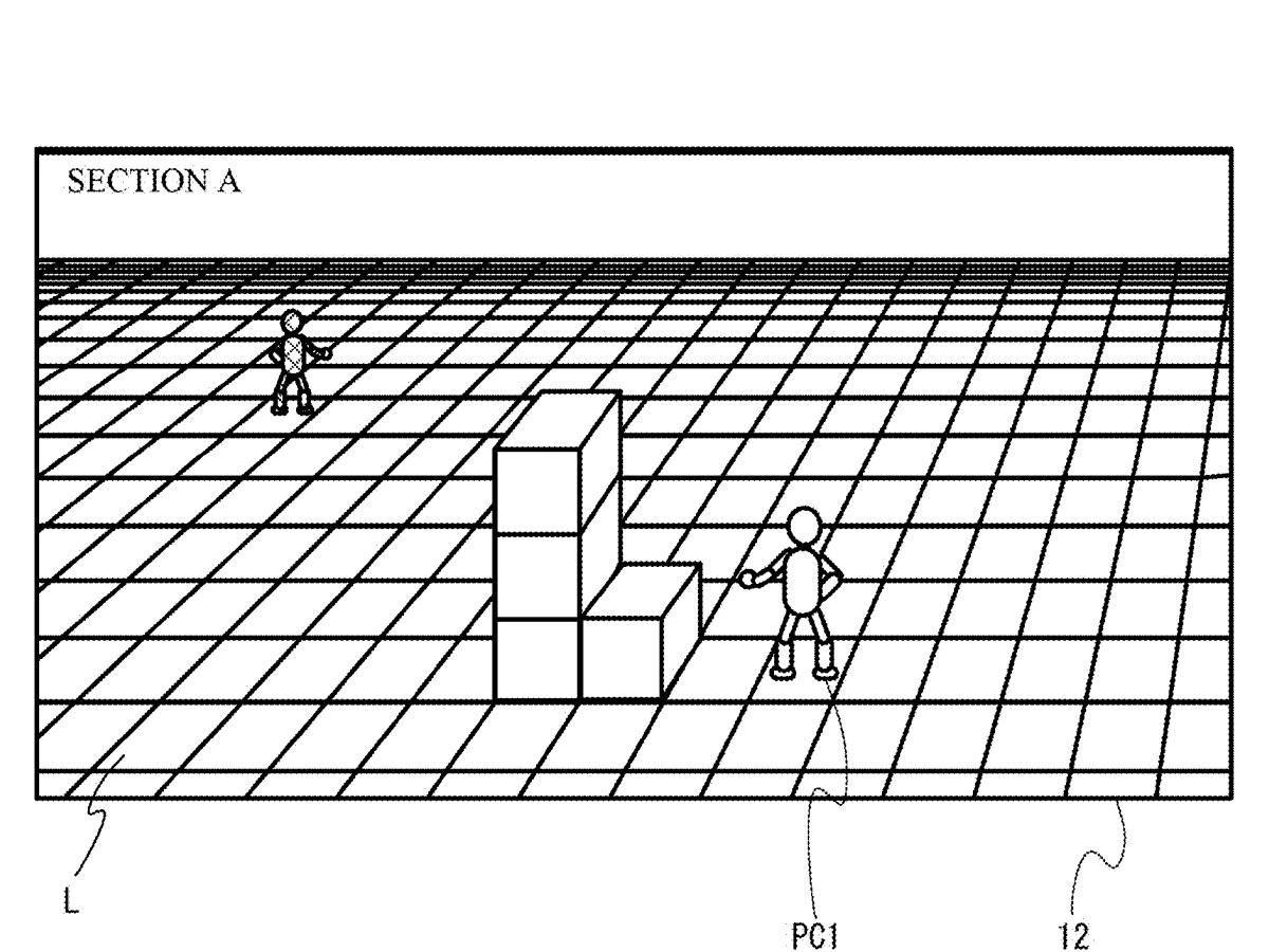 Drawing from patent US20260084049: FIG. 18 is a diagram showing a non-limiting example of a game image showing that a player character PC1 has entered a section A