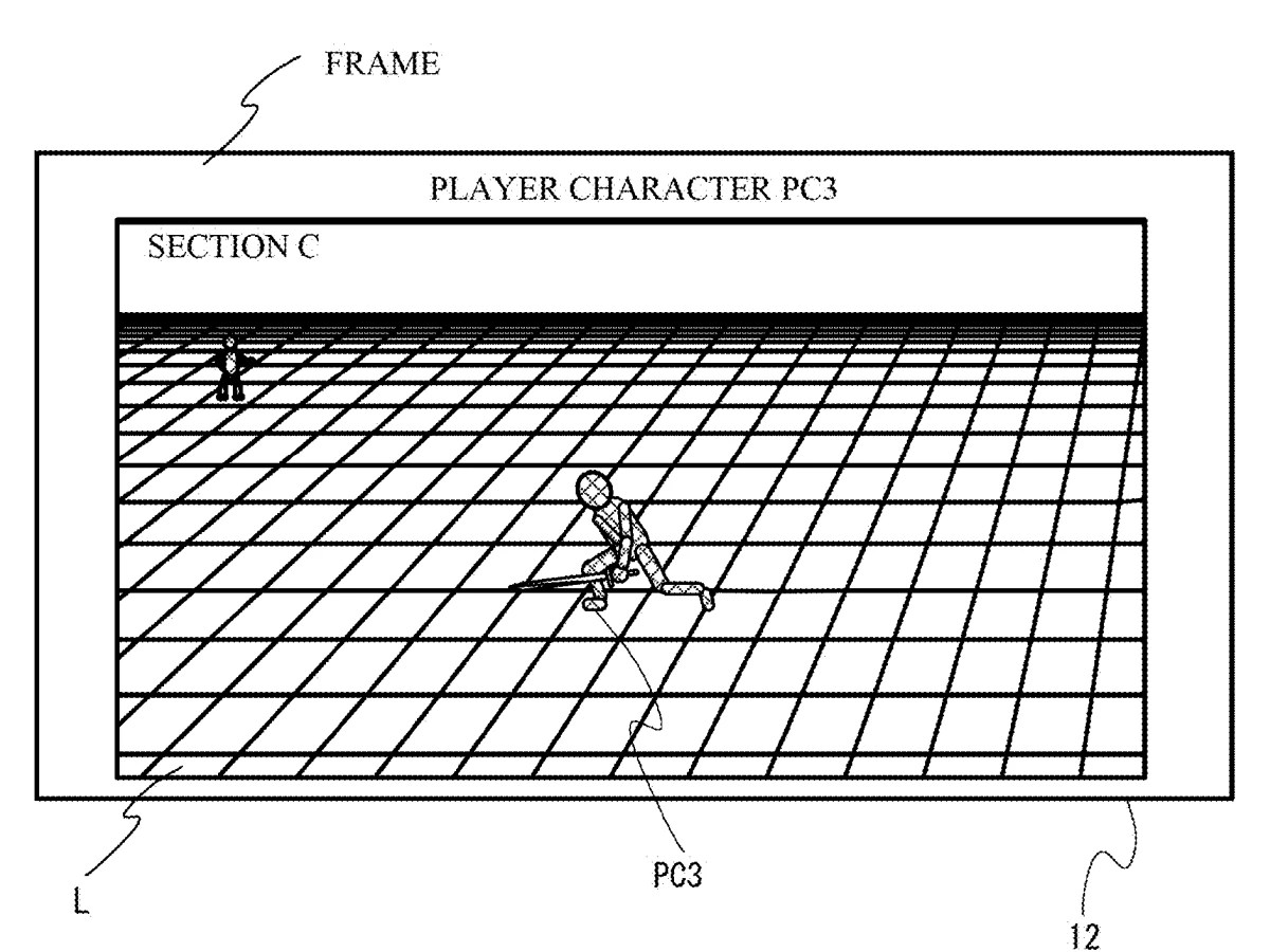Drawing from patent US 20260084049: FIG. 21 is a diagram showing an example of a game image showing that a first user is spectating, as a viewer, a player character PC3 in a section C