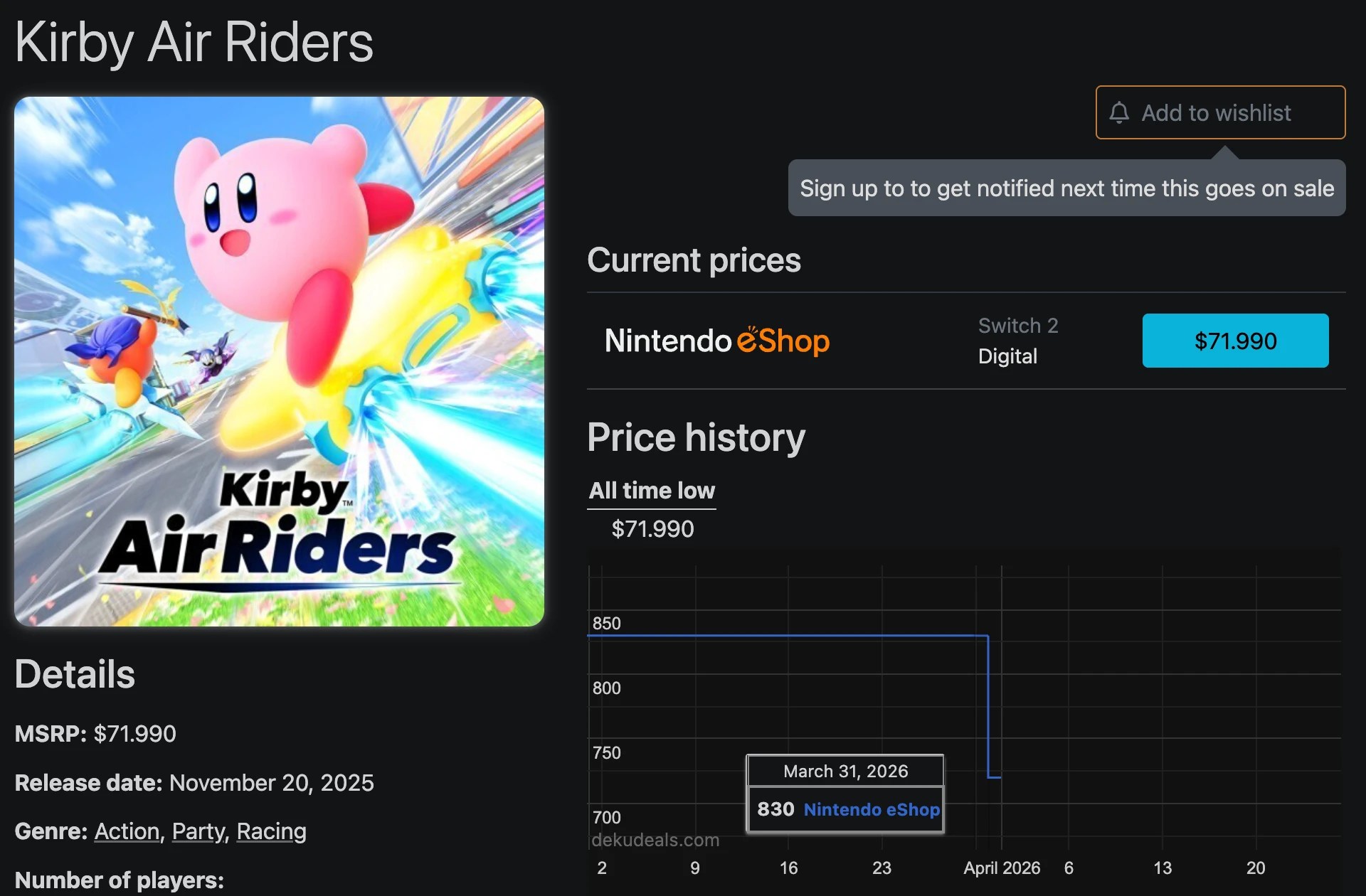 Screenshot of Deku Deals, showing Kirby Air Riders price in Chile:
$71.990 on Apr. 1
$82.990 on Mar. 31