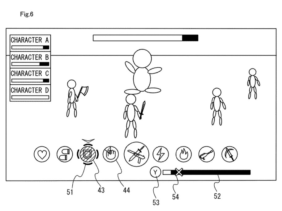 Drawing from patent US 20260084050: FIG. 6 is a diagram showing an example of a game image in the situation where a command cannot be used based on the consumption of the recasting parameter