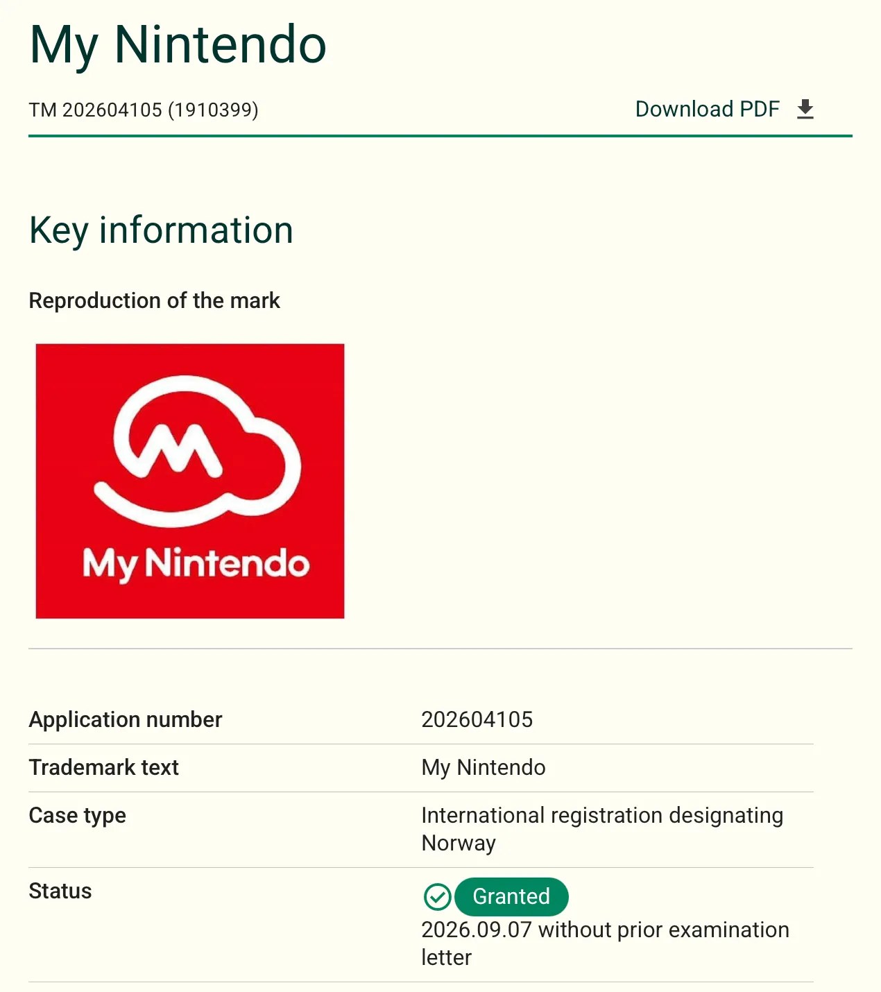 Screenshot of “My Nintendo” trademark registration https://services.patentstyret.no/search-details/trademark/202604105-1910399