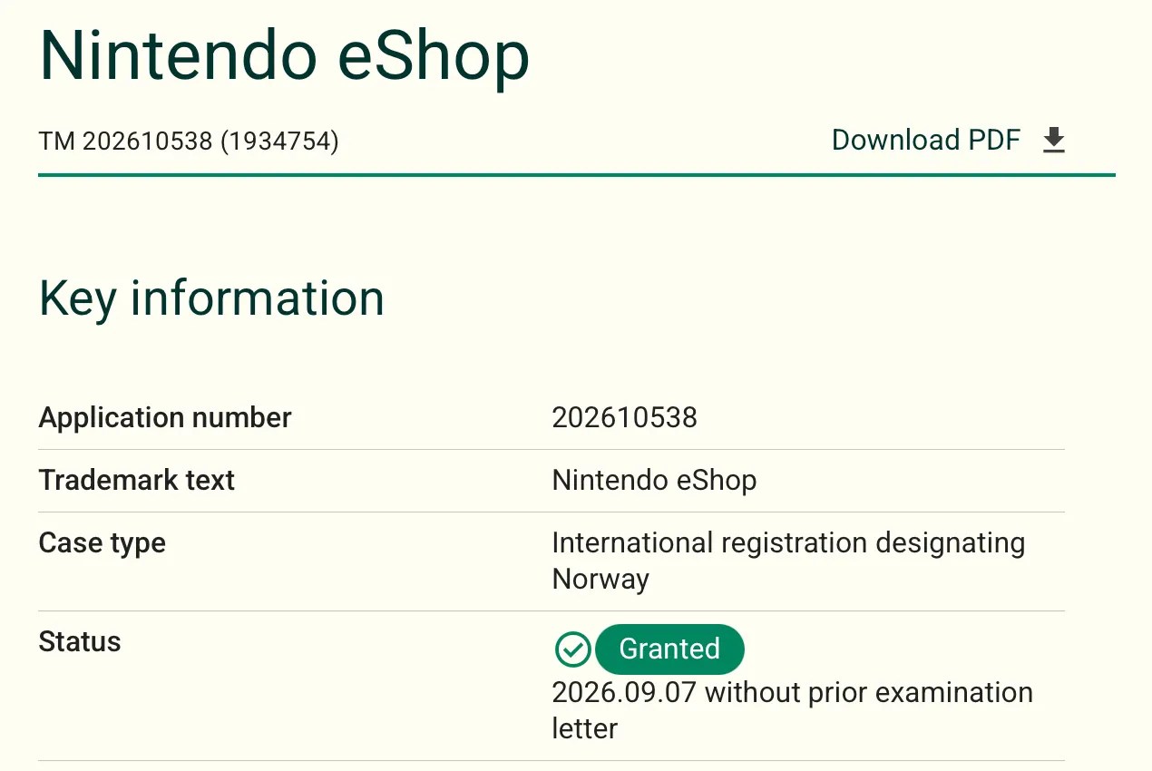 Screenshot of “Nintendo eShop” trademark registration https://services.patentstyret.no/search-details/trademark/202610538-1934754?lang=en