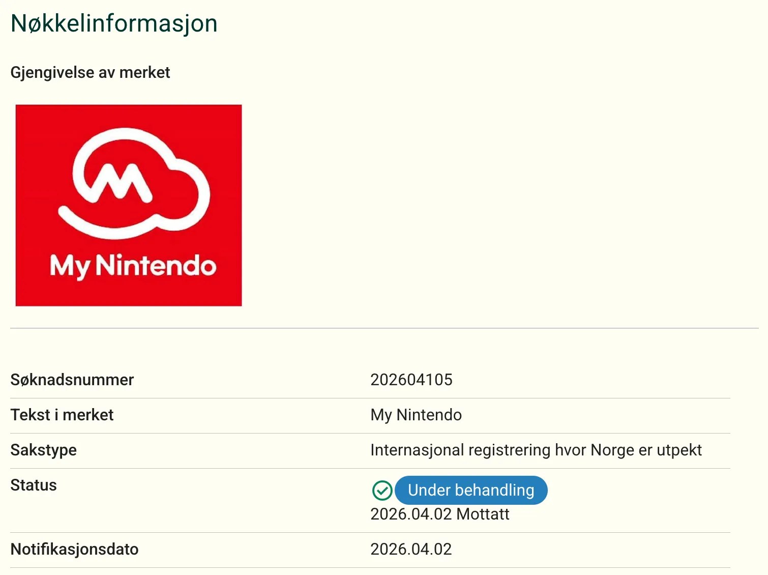 Screenshot of the My Nintendo trademark application on the Patentstyret website