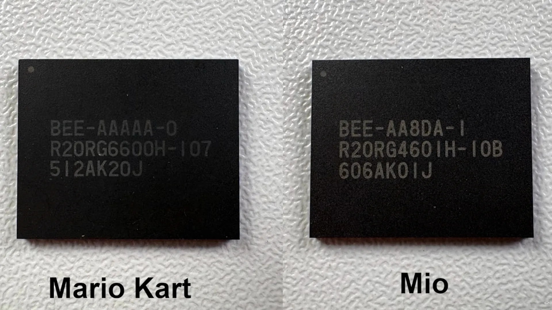 Screenshot from the Spawn Wave video, shown the memory IC of Mario Kart World (left) and memory IC of MIO (right) https://www.youtube.com/watch?v=Wsf1jVeBVXU