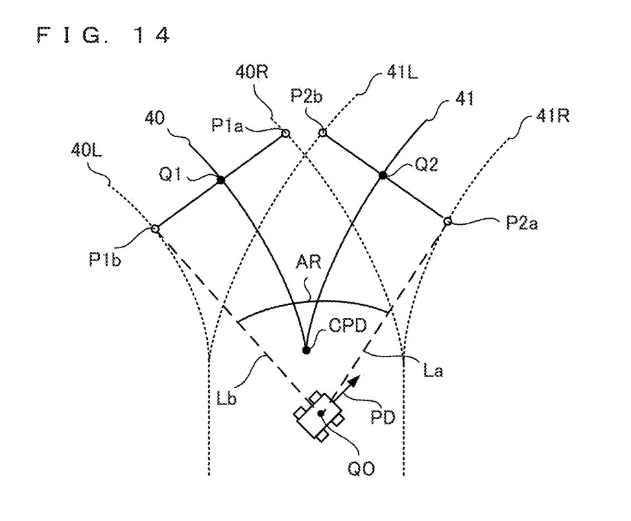 Drawing from patent US 20260097304: FIG. 14 is an example non-limiting diagram illustrating steering-wheel correction in a case where a course path splits into two paths
