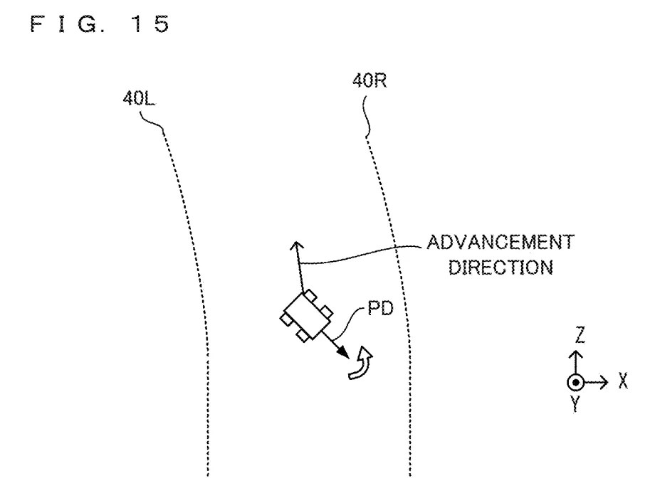 Drawing from patent US 20260097304: FIG. 15 is an example non-limiting diagram showing forcible correction when the player object 50 is traveling in a wrong direction
