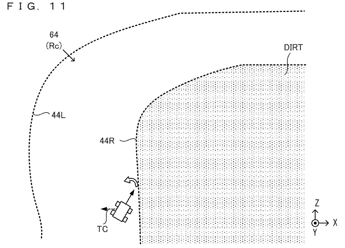 Drawing from patent US 20260097310: FIG. 11 is an example non-limiting diagram illustrating an example of movement correction when the player object 50 is not in a state of being able to use an item X1 and an effect of the item X1 is not exerted