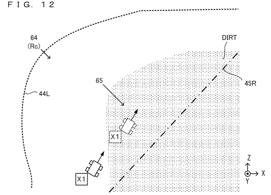 Drawing from patent US 20260097310: FIG. 12 is an example non-limiting diagram illustrating an example of movement correction when the player object 50 is in a state of being able to use the item X1 or in a state of using the item X1