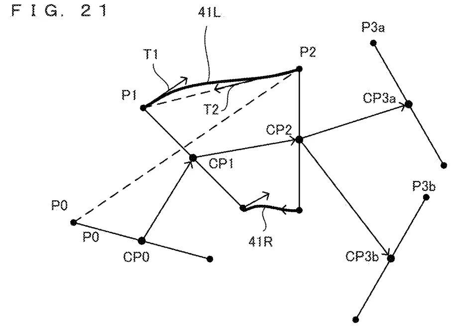 Drawing from patent US 20260097304: FIG. 21 is an example non-limiting diagram illustrating a method for calculating curves at a part splitting into a plurality of course paths
