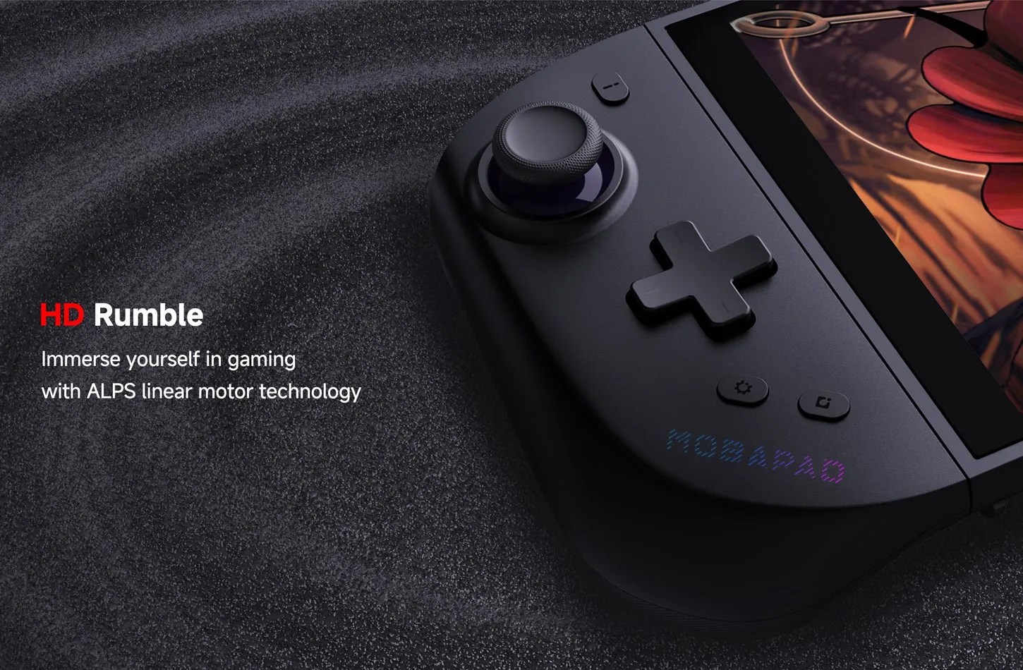 Promo image of Mobapad M12 HD joy-cons, with following text:
HD Rumble
Immerse yourself in gaming with ALPS linear motor technology