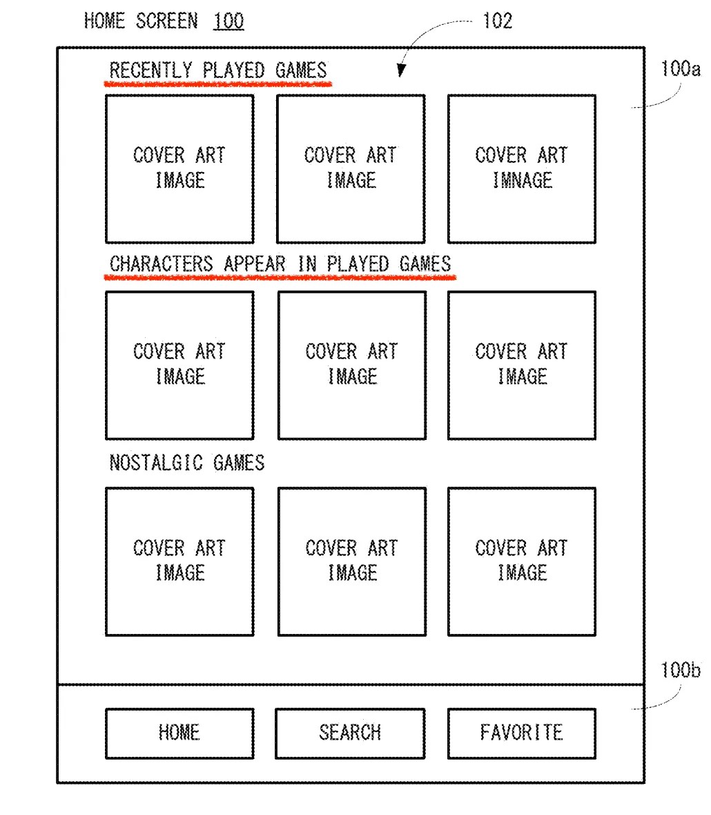 Drawing from patent US20260115597: FIG. 5 is a view showing a non-limiting example home screen displayed on a display of the user terminal.