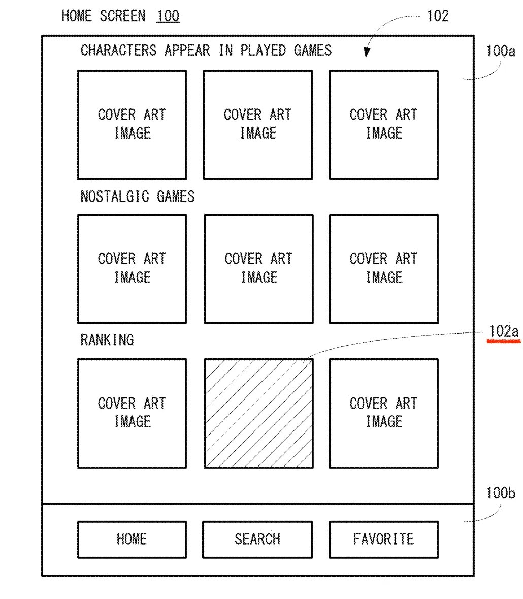 Drawing from patent US20260115597: FIG. 9 is a view showing a non-limiting example home screen displayed on the display of the user terminal in a second embodiment.