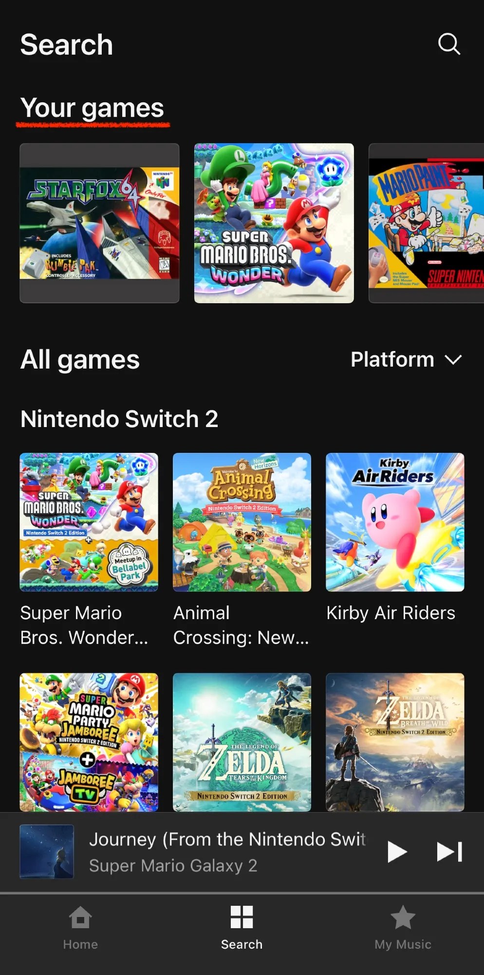 Screenshot of Nintendo Music app, showing the search screen; “your games” section is near the top