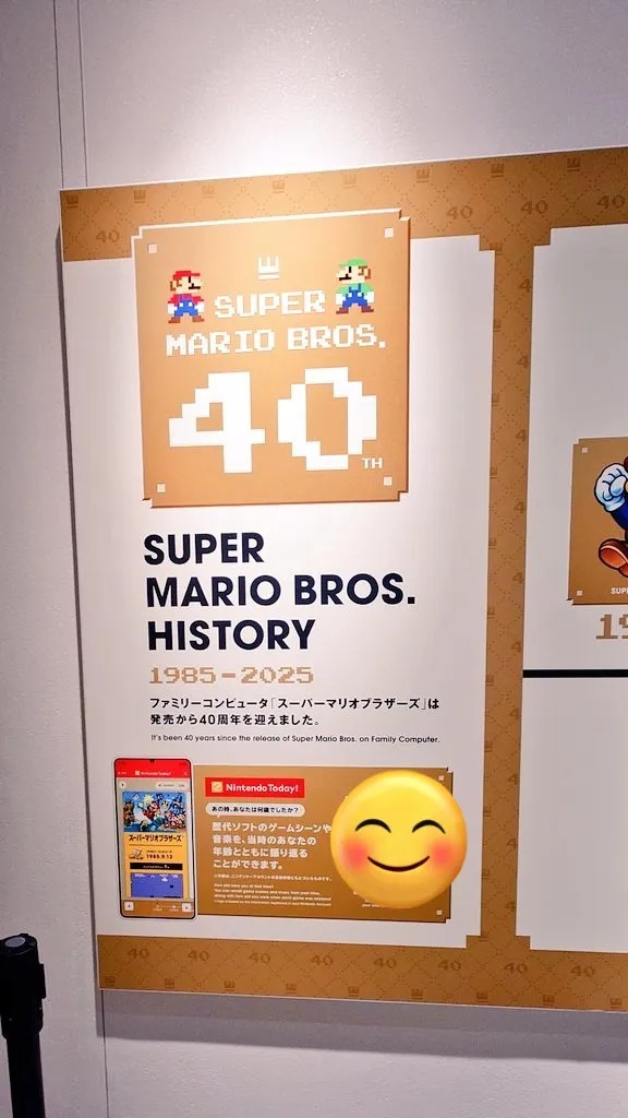 Photo of the Super Mario Bros History display (partial), including a notice about using the Nintendo Today app