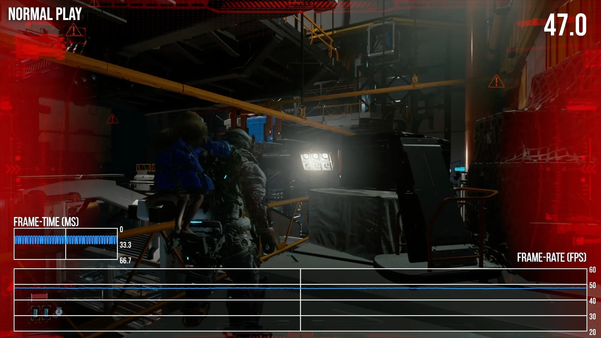 Screenshot of the DF video, showing Pragmata in normal (not GameChat) mode: 47 fps