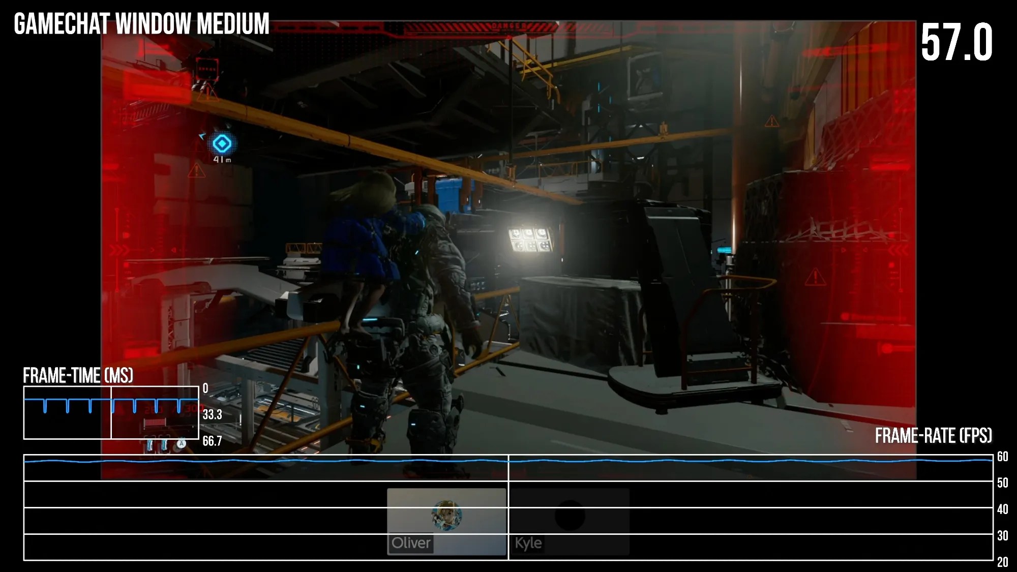 Screenshot of the DF video, showing Pragmata in GameChat mode (medium own window size): 57 fps