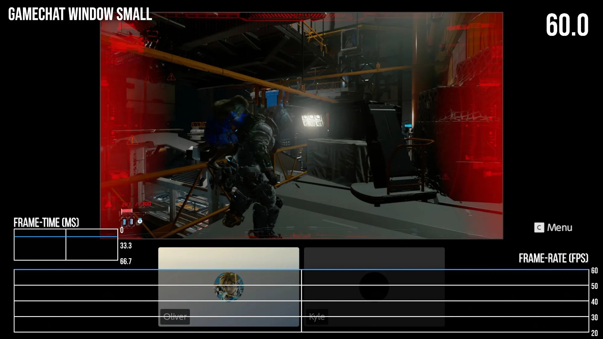 Screenshot of the DF video, showing Pragmata in GameChat mode (small own window size): 60 fps