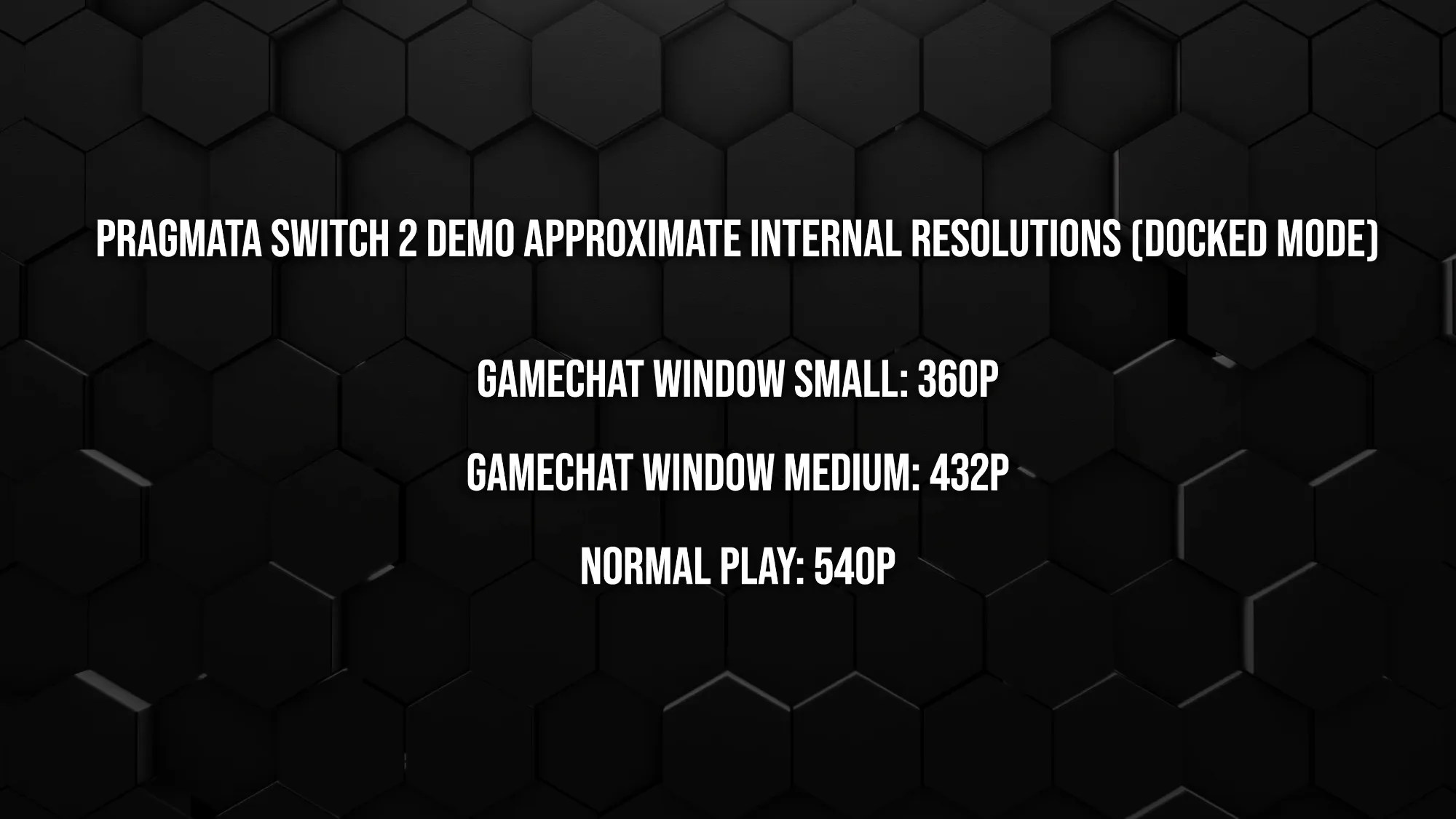 Screenshot of the DF video, on-screen text: PRAGMATA SWITCH 2 DEMO APPROXIMATE INTERNAL RESOLUTIONS (DOCKED MODE) GAMECHAT WINDOW SMALL: 360Р GAMECHAT WINDOW MEDIUM: 432P NORMAL PLAY: 540P