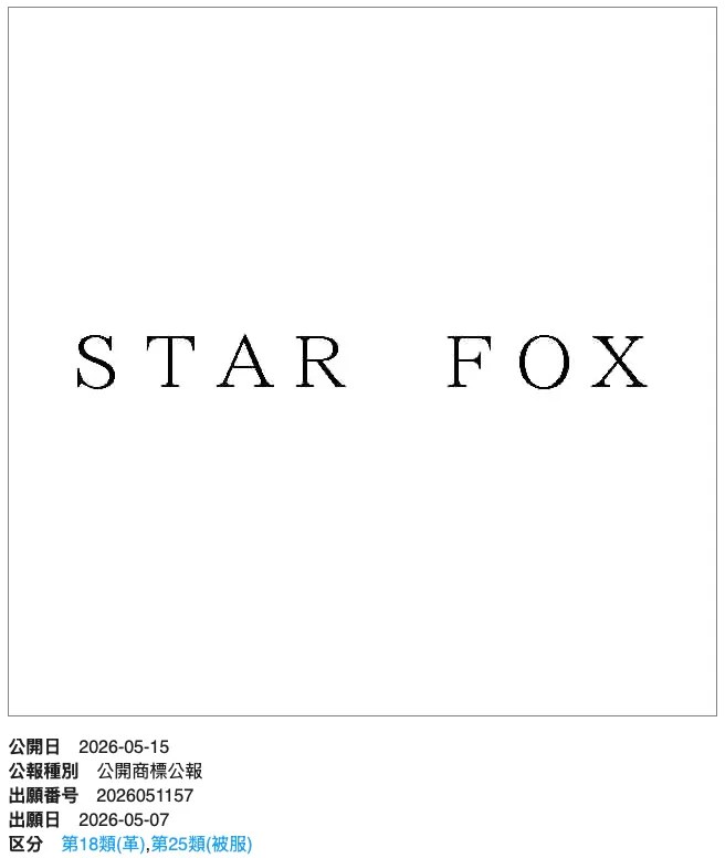 Screenshot of trademark application 2026051157, showing the the words “STAR FOX” (word mark)
