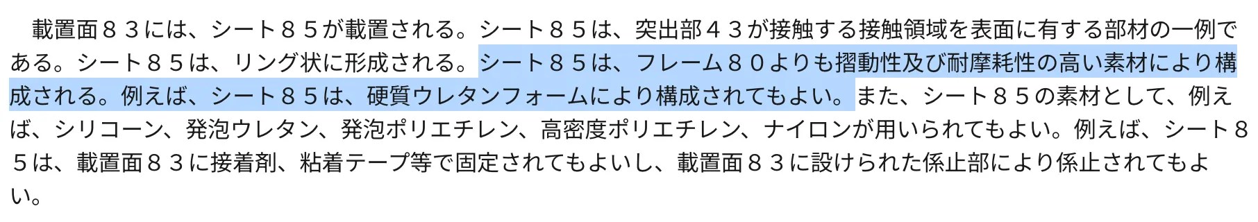 Excerpt from patent application WO 2024161461: 載置面8 3には、シート85が載置される。シート85は、突出部43が接触する接触領域を表面に有する部材の一例である。シート85は、リング状に形成される。シート85は、フレーム80よりも摺動性及び耐摩耗性の高い素材により構成される。例えば、シート85は、硬質ウレタンフォームにより構成されてもよい。また、シート85の素材として、例えば、シリコーン、発泡ウレタン、発泡ポリエチレン、高密度ポリエチレン、ナイロンが用いられてもよい。例えば、シート85は、載置面83に接着剤、粘着テープ等で固定されてもよいし、載置面83に設けられた係止部により係止されてもよい。