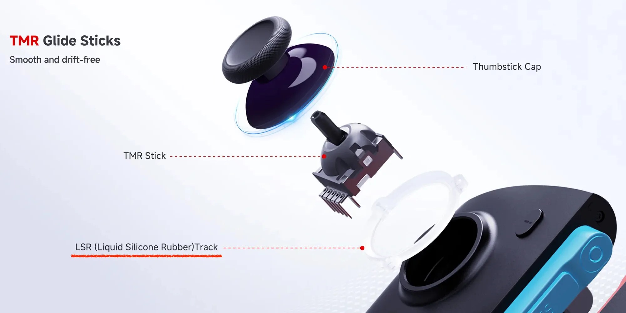 Promo image of Mobapad M12, showing a TMR stick and a base ring made of liquid silicone rubber (LSR)