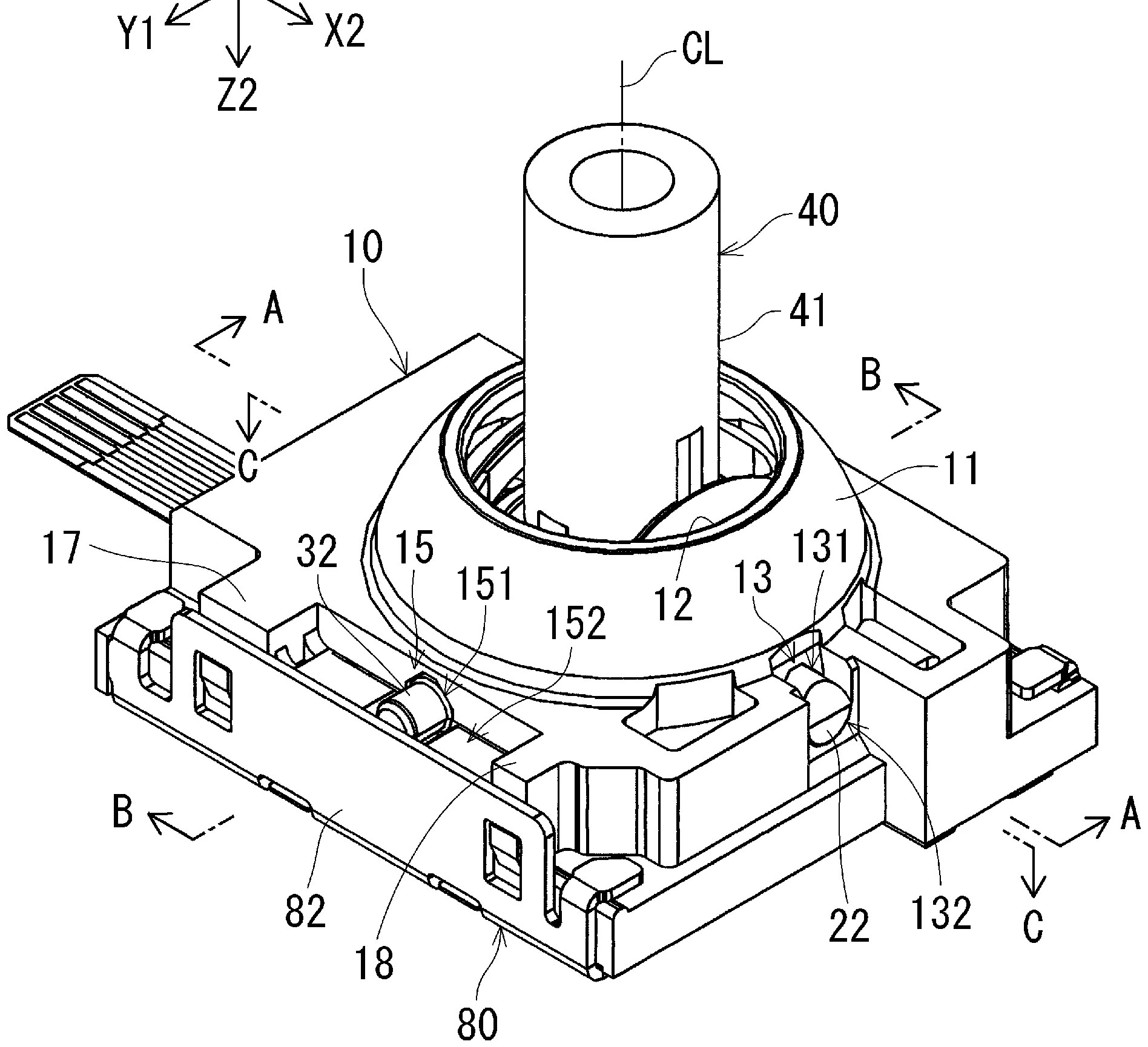 Drawing from patent WO 2026105174: [図1] 本発明の一実施形態に係る多方向入力装置の斜視図である。