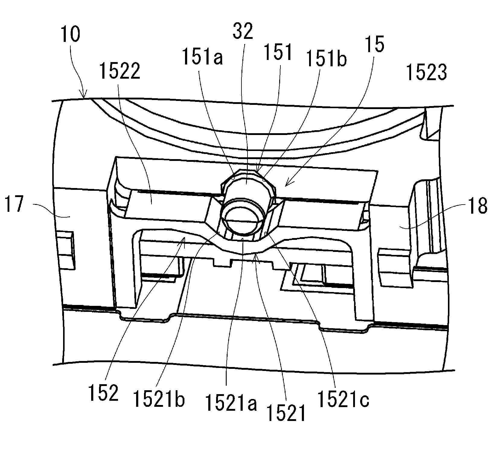 Drawing from patent WO 2026105174: [図11] 第２連動部材の一側の軸受部である一対の挟圧部を示す斜視図である。
